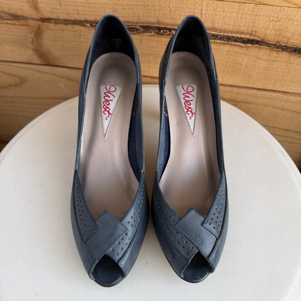 Nine West VTG Peep Toe Leather Pumps Heels 7.5m 80s 90s Geometric Navy Classic